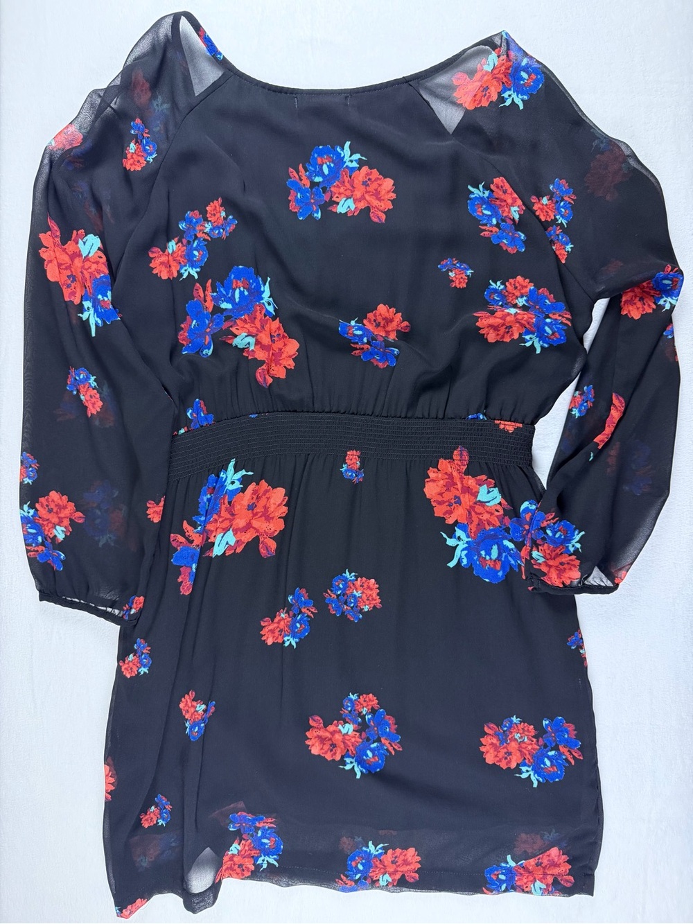 MINKPINK Black Red Blue Floral Chiffon Long Sleeve Smocked Waist Mini Dress L - Picture 7 of 7